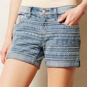 Anthropologie Pilcro embroidered denim jean short 26 2 rolled cuff slip fly
